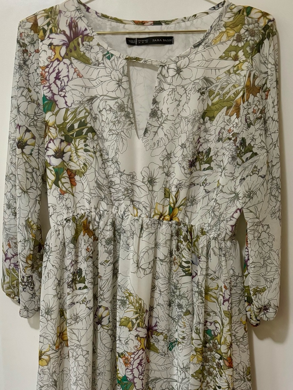 Zara| Feminine Ivory Floral Nature Print Long Sleeve Layered Chiffon Dress Sz M